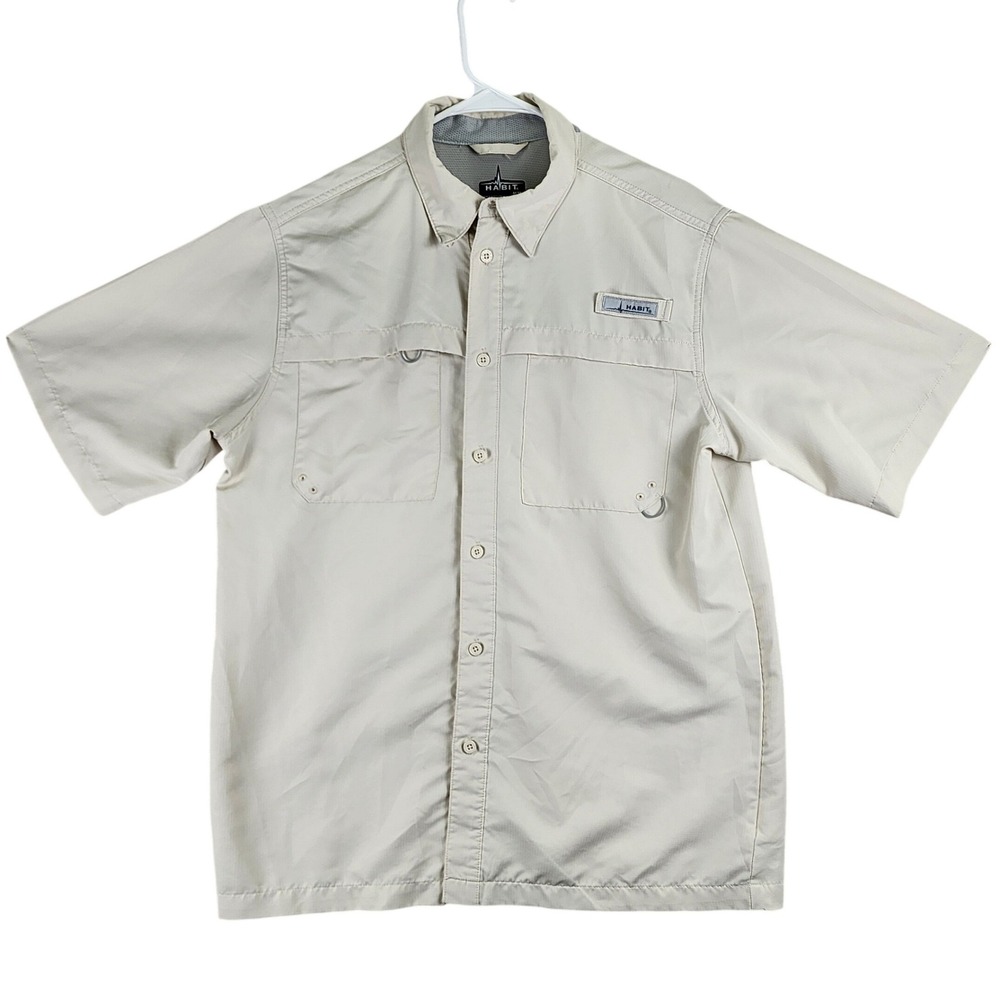 Habit Solar Factor Fishing Shirt Mens M‎ Tan Short Sleeve Vented Hiking Utility